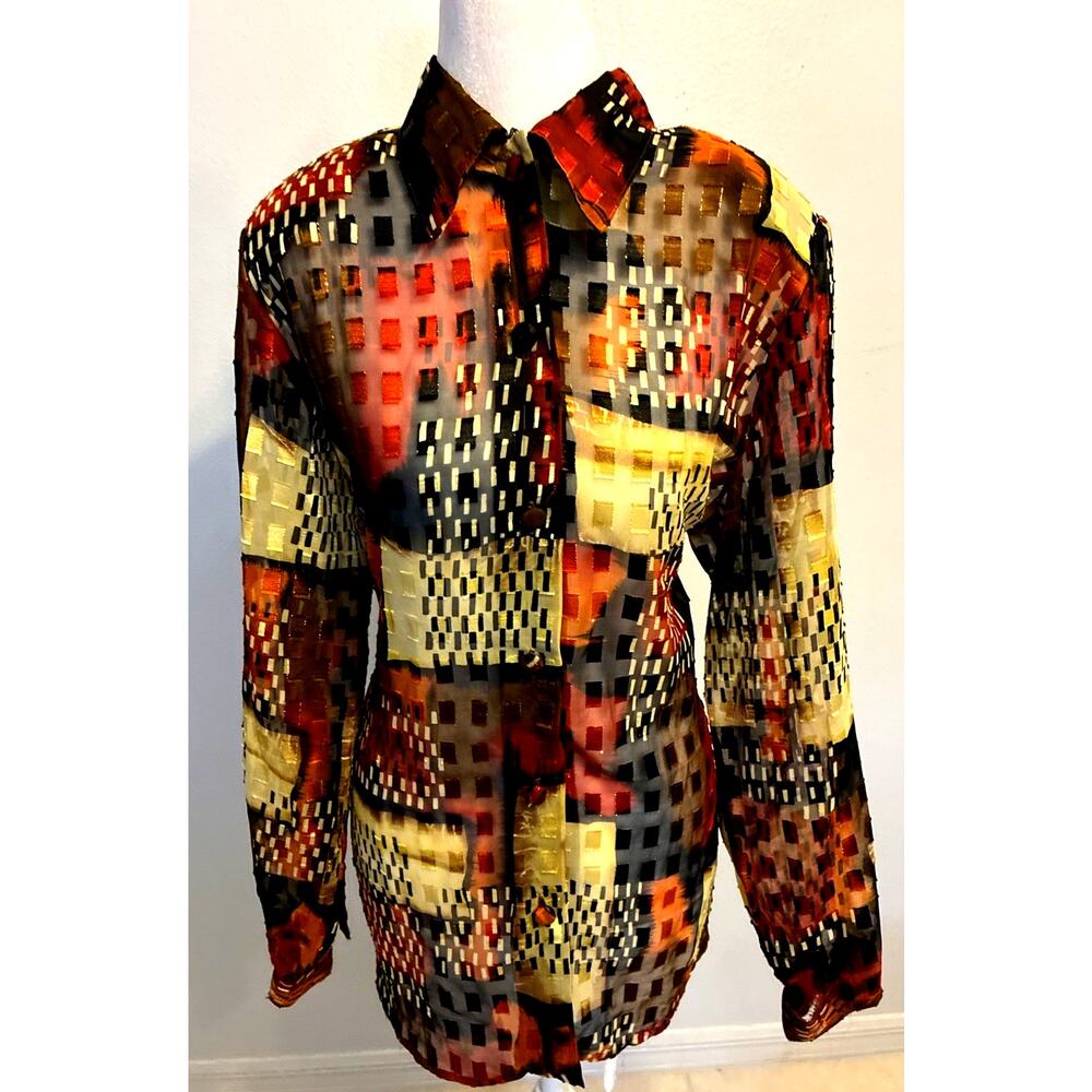 Vtg 80s Patchwork sheer Blouse art Boho Sheer Mesh Abstract Retro Eclectic USA L